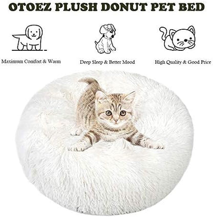 otoez Kitten Puppy Bed Extra Small XS Round Dog Cat Beds Anti Anxiety Plush Pet Calming Donut Bed with Non-Slip Waterproof Bottom, Washable (15.7", White)