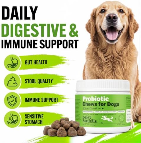 Deley Naturals Dog Probiotics Chews - 4 Billion CFU Dog Probiotics, Prebiotics, Enzymes for Digestion & Gut Health - Smaller Soft Chews, Lower Calories, Same Active Ingredients - USA Made - 60 Count