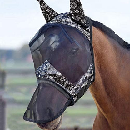 Harrison Howard LumiVista Horse Fly Mask Long Nose with Ears UV Protection for Horse Paisley Wave L Full Size