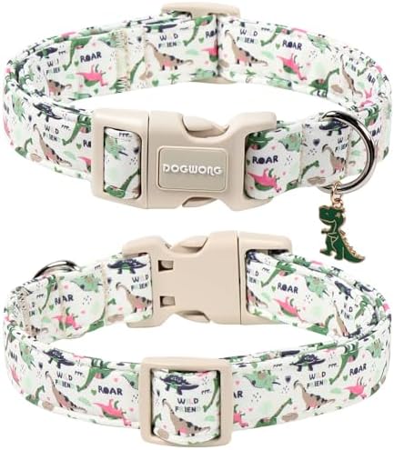 DOGWONG Dinosaur Dog Collar-Cute Dog Collar Adjustable Comfortable Cotton Boy Dog Collars for Small Medium Large Dogs, Medium
