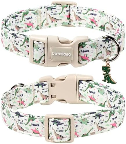 DOGWONG Dinosaur Dog Collar-Cute Dog Collar Adjustable Comfortable Cotton Boy Dog Collars for Small Medium Large Dogs, Medium
