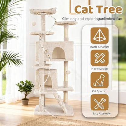 BestOffice 54 Inch Cat Tree, Multi-Level Cat Tower with Condo, Perches, Sisal Scratching Posts, Climbing Ladder,Indoor Activity Center Play House for Kittens & Adult Cats, Beige