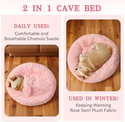 NOYAL Calming Donut Dog Bed, Hooded Cave with Blanket
