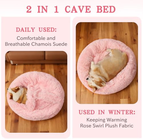 NOYAL Calming Donut Dog Bed, Hooded Cave with Blanket