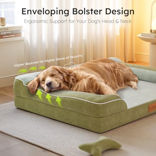 CWAWZ Dog Beds for Large Dogs, Orthopedic Dog Bed with Cooling Gel Memory Foam, Waterproof Large Pet Bed with Removable Washable Cover, 36" Pet Sofa Couch Dutch Velvet with Bone Toy, Dark Green