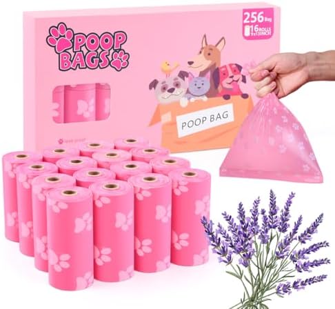 Poop Bags Rolls 256 Count - 9x13 Inches Pink Thickened Leakproof Lavender scent Poo Bags for Dogs, Eco-Friendly Pet Waste Bags for Walking, Home, Travel