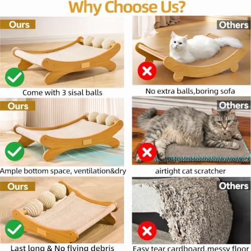 Cat Scratcher Bed Bone Shape Wooden Cat Sofa Bed with Ball Toy Indoor Cat Scratching Lounge Bed Durable Pet Recliner for Cats