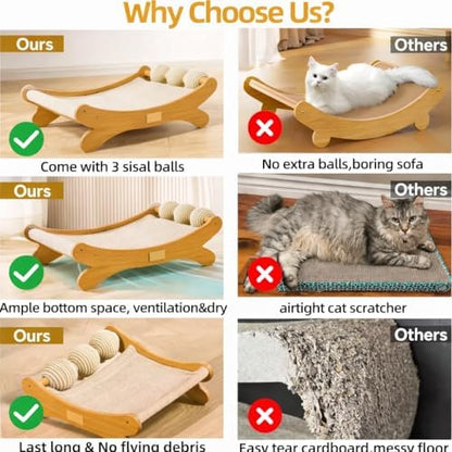 Cat Scratcher Bed Bone Shape Wooden Cat Sofa Bed with Ball Toy Indoor Cat Scratching Lounge Bed Durable Pet Recliner for Cats