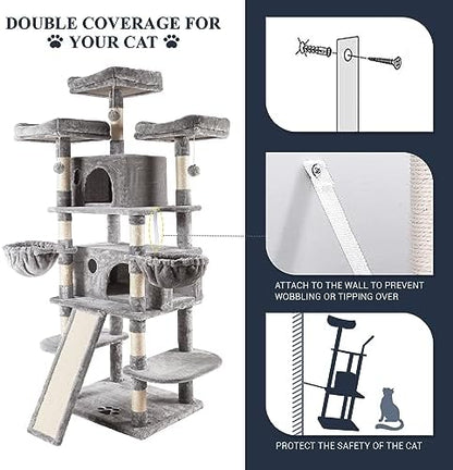 Allewie 68 Inches Cat Tree/House and Towers for Big Feline/Scratching Post/Multi-Level Large Kitty Climbing Tree with Condo/Light Grey
