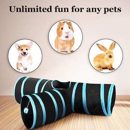 SunGrow 3-Way Ferret & Rabbit Tunnel, Bunny Hideout Activity Tube with Peep Hole and Crinkle Ball, Accessories for Hiding, Resting for Dwarf Rabbits Bunny Kitty Guinea Pig, Turquoise and Black