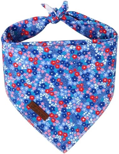 Spring Summer Dog Bandana, Red & Blue Floral Puppy Bandana for Small Medium Dog, Cotton Flower Pet Triangle Bid Scarf Kerchief for Girl Boy Dogs or Cats