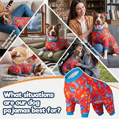 LovinPet Pitbull Dog Pajamas, PJs for Dogs, Dinosaur Jungle Red Print, 2XL