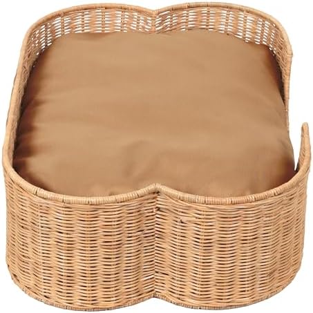 DBD1002B Scallop Handwoven Water Hyacinth Pet Bed with Machine Washable Cushion, 27" x 18.25" Wicker Cat and Dog Bed for Small to Medium Pets, Boho Tropical Style Basket, Light Brown