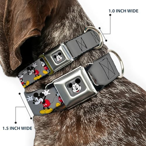Buckle-Down Seatbelt Buckle Dog Collar - Mickey Mouse w/Glasses Poses Gray - 1" Wide - Fits 15-26" Neck - Large