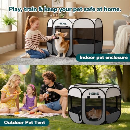 Pet Puppy Dog Cat Playpen, Large Dog Tent Crates Cage Indoor/Outdoor, Portable Playpen for Small Animal, Foldable Pop Up Dog Kennel Playpen with Carring Case, Removable Zipper Top, Light Grey