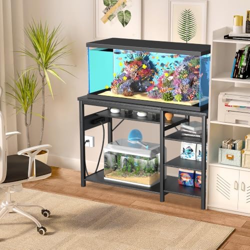GRLEAF 40-50 Gallon Aquarium Stand with Power Outlet, Black Fish Tank Stand