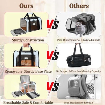 Cat Carrier - Cat Carrier Soft with Plush Pad & Cooling Mat, Easy-Load 4-Side Zipper & 3-Side Mesh Ventilation, Pet Carrier Airline Approved for Cats/Dogs Up to 16 lbs, Blue