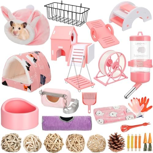 Teenyyou 24 Pcs Small Guinea Pig Starter Kit Essentials for Hamster Cage Accessories Toys House Bed Cage Cleaner Food Bowl Water Holder Carrier Bag Teething Toys Liner Tunnel for Beginner(Pink)