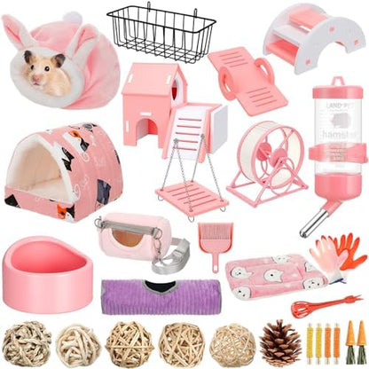 Teenyyou 24 Pcs Small Guinea Pig Starter Kit Essentials for Hamster Cage Accessories Toys House Bed Cage Cleaner Food Bowl Water Holder Carrier Bag Teething Toys Liner Tunnel for Beginner(Pink)