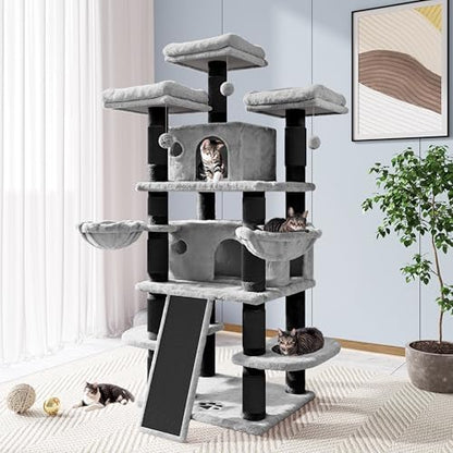 Allewie 68 Inches Cat Tree/House and Towers for Big Feline/Scratching Post/Multi-Level Large Kitty Climbing Tree with Condo/Black & Grey