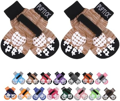 PUPTECK Anti-Slip Dog Socks with Double Sides Grips for Small Medium Large Dogs Hardwood Floors Prevents Licking, Dog Shoes for Hot Pavement Traction Control Paw Protector for Senior Dogs, Khaki M