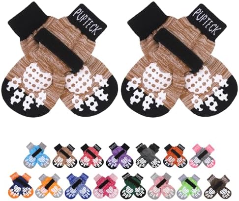 PUPTECK Anti-Slip Dog Socks with Double Sides Grips for Small Medium Large Dogs Hardwood Floors Prevents Licking, Dog Shoes for Hot Pavement Traction Control Paw Protector for Senior Dogs, Khaki XL