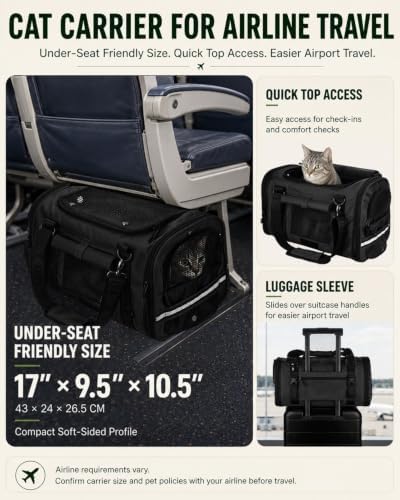 Soft-Sided Cat Carrier for Anxious Cats, Privacy Flaps 17x9.5x10.5in | 1680D Nylon, Metal Hardware, Reinforced Resin Mesh, Locking Zippers & Anti-Sag Base for Vet, Car and Under-Seat Air Travel.