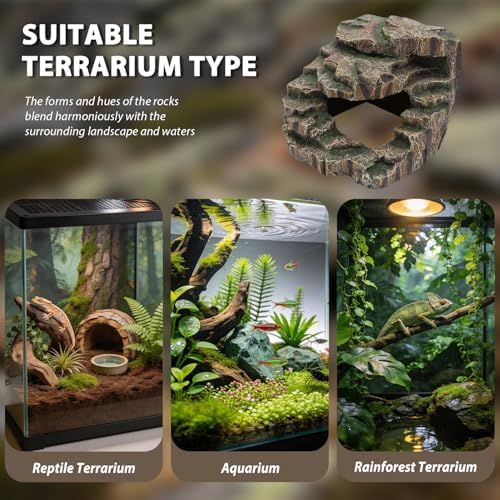 REPTITRIP Large Reptile Hide and Basking Platform, Resin Rock Cave for Geckos, Frogs, Turtles and Lizards