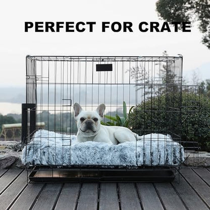 Bedfolks Waterproof Dog Crate Bed With Removable Washable Cover, Plush Faux Fur Pad for Large Dogs, Fluffy Kennel Bed 35"x23", Dark Grey