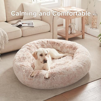 45 in Faux Fur Fluffy Donut Dog Bed for Extra Large Dogs,Brown