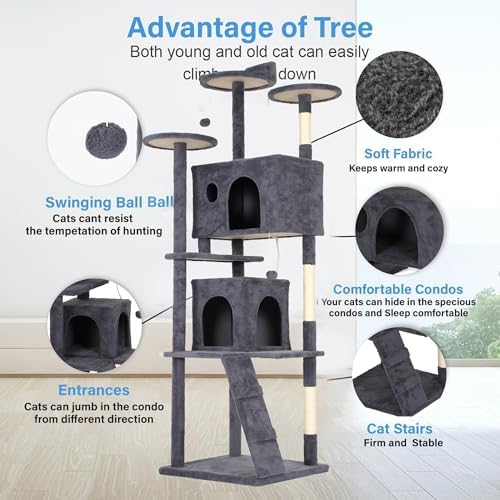 FDW | 81" Cat Tree Tower | Dark Gray | Multi-Level Indoor Activity Center