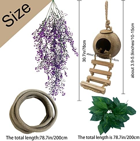 Crested Gecko Coconut Hut with Ladder,Bearded Dragon Coco Den Reptile Shell Hideout Husk Hut Climbing Plants Leaves Tank Accessories for Lizard Chameleon Snakes