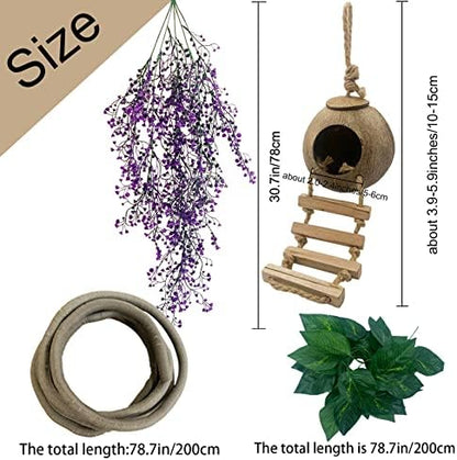 Crested Gecko Coconut Hut with Ladder,Bearded Dragon Coco Den Reptile Shell Hideout Husk Hut Climbing Plants Leaves Tank Accessories for Lizard Chameleon Snakes