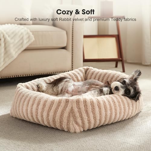 MIXJOY Dog Bed Medium Size Dog, Washable Medium Dogs Bed with Removable Cover, Soft Rectangle Doggy Ded Fluffy Plush Faux Fur Pet Bed with Anti-Slip Bottom, 30"x24"x8", Beige