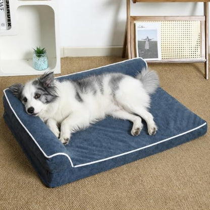 Orthopedic Dog Bed with Pillow L-Shape Dog Sofa for Large Medium Dogs, Dogs Couch with Removable Washable Cover, Pet Bed with Nonskid Bottom(Blue, Large(36x27in))