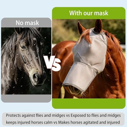 Raelitego Horse Fly Mask with Ears no Nose, Breathable Mesh UV Protect (XL)
