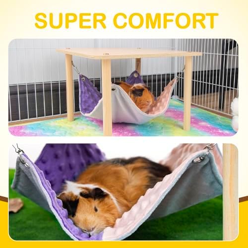 BESNEW Enlarged Guinea Pig Hammock with Wooden Stand,Small Animal Hanging Bed Large Platform for Guinea Pigs Bunny Ferret Hamster Hiding Sleeping 13L x 13W x 11H in