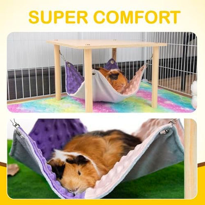 BESNEW Enlarged Guinea Pig Hammock with Wooden Stand,Small Animal Hanging Bed Large Platform for Guinea Pigs Bunny Ferret Hamster Hiding Sleeping 13L x 13W x 11H in