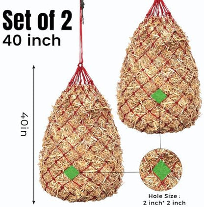 Slow Feed Hay Nets for Horses, 2 Pack, 40 Inch, 2 Inch Holes, Red