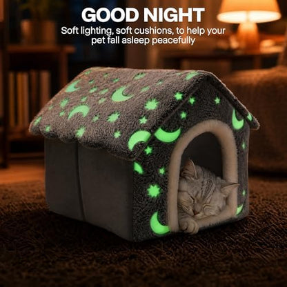 PAWISE Glow in the Dark Cat Bed, Foldable Cat Cave House Tent for Indoor Cats with Stars Moon Print, Soft Warm Washable Kitty Hideaway Nest, Cozy Pet Hut (15.7"x14.5"x13.5")
