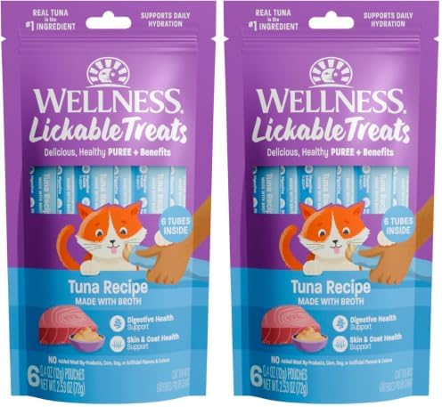 Wellness Lickable Soft Puree Cat Treats, All Lifestages, Kitten to Senior, Natural, Grain Free, Tuna Flavor, 0.4 oz, Pack of 12 Tubes