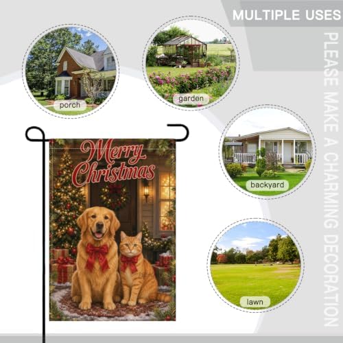 Christmas Pet House Flag 28x40 Inch Merry Holiday Golden Retriever Orange Cat Red Bows Tree Gifts Snowy Farmhouse Outdoor Yard Lawn Porch Double Sided Banner Welcome Decor