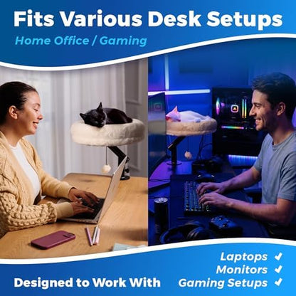 PetLovers Cat Desk Bed - Plush Elevated Desk Bed Attachment with Removable Washable Cushion, 360° Swivel Arm, Secure Clamp - Keeps Your Pet Close While You Work or Play
