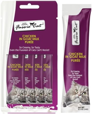 Fussie Cat Super Premium Chicken in Goat Milk Puree, lickable cat Treats, 0.5oz Pouch Pack of 4
