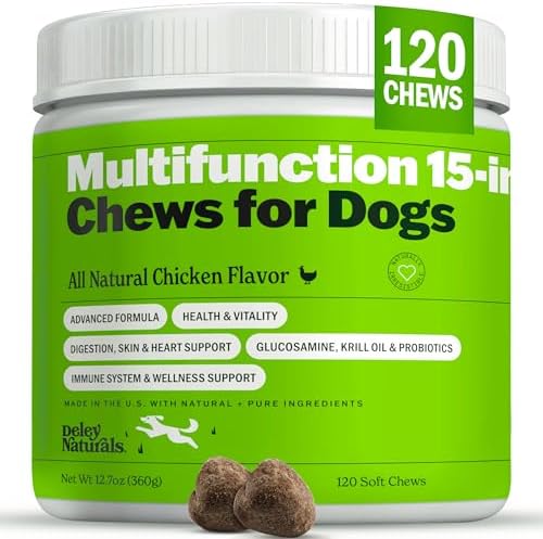 Deley Naturals 15 in 1 Multivitamin for Dogs - Complete Dog Vitamins and Supplements for Immune Support, Joint, Skin, Digestion, Heart & Overall Health - Daily Multifunction Supplements - 120 Chews