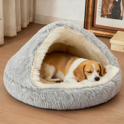 ShinHye Round Plush Fluffy Hooded Cat Bed Cave, Cozy for Indoor Cats or Small Dogs, Waterproof Bottom, Washable（40 in）