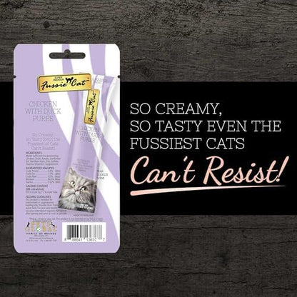 Fussie Cat Chicken with Duck Puree, lickable cat treats, 0.5oz pouch 4 Count (Pack of 1)