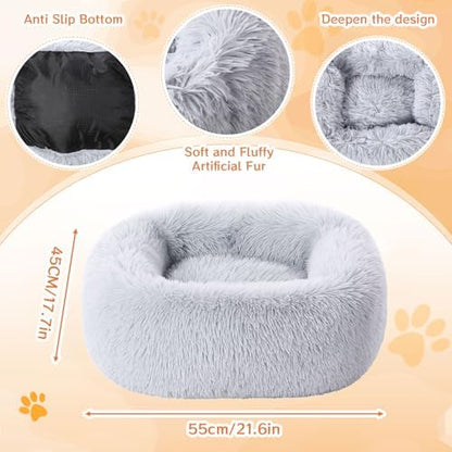 2-Pack Small Calming Dog & Cat Bed Anti Anxiety Fluffy Plush Pet Beds with Anti-Slip Bottom Machine Washable Interchangeable Pet Bed for Kittens & Puppies(Cream and Light Gray,21x16.5 Inch)