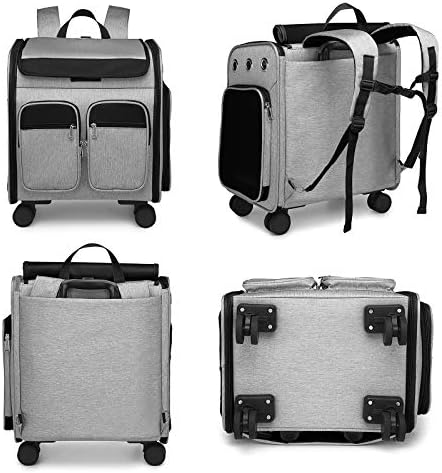 Wheeled Pet Carrier Backpack Pet Stroller, Travel Carrier, Car Seat for Small Dogs Cats Puppies, Comfort Cat Backpack Removable Rolling Wheels – Mesh Ventilation Windows (Large Grey)