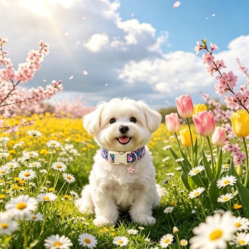 Lionet Paws Floral Dog Collar Spring Summer Daisy Cosmos Bipinnatus Collars with Pink Cherry Blossom Pattern - Female Girl Dog Collar for Small Medium Large Dogs M